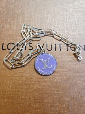 Louis Vuitton Lavender Enamel Logo Disc Necklace with Gold-Tone Paperclip Chain